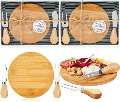 Maxcheck 6 Sets Baby Shower Bridal Game Prizes for Winners Round Cheese Board Set Wood Mini Charcuterie Board with Knives and Forks Thank You Card with Gift Box for Guests Wedding (Bamboo)