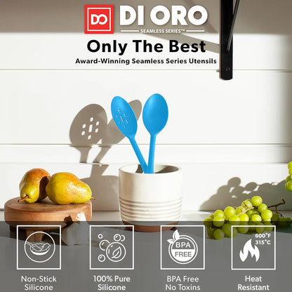 DI ORO Silicone Spoons for Cooking - Large Kitchen Spoons for Mixing, Serving, & Stirring - 600°F Heat-Resistant Non Stick Utensils – Big Solid & Slotted - Dishwasher Safe (2pc, Black)