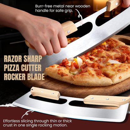 Pizza Cutter Rocker Blade with Wooden Handle, Premium 14inch Pizza Knife Rocker Cutter with Sharp Stainless Steel Blade and Protective Cover, Slicing Through Crust in One Single Rocking Motion