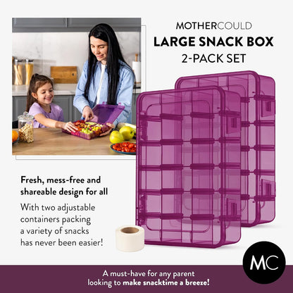 Large Kids Snack Box Containers Set of 2 -100 Labels, BPA-Free, Adjustable Compartments, Dishwasher Safe, Reusable Tray, Food Grade, Meal Prep Container, PARENT TESTED PARENT APPROVED AWARD (Clear)
