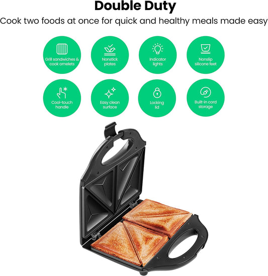 Chefman Portable Sandwich Maker, Compact, Nonstick, Electric Omelet Maker, Panini Press, Pocket Sandwich Press, and Quesadilla Maker, with Indicator Lights, Locking Lid, and Cord Storage