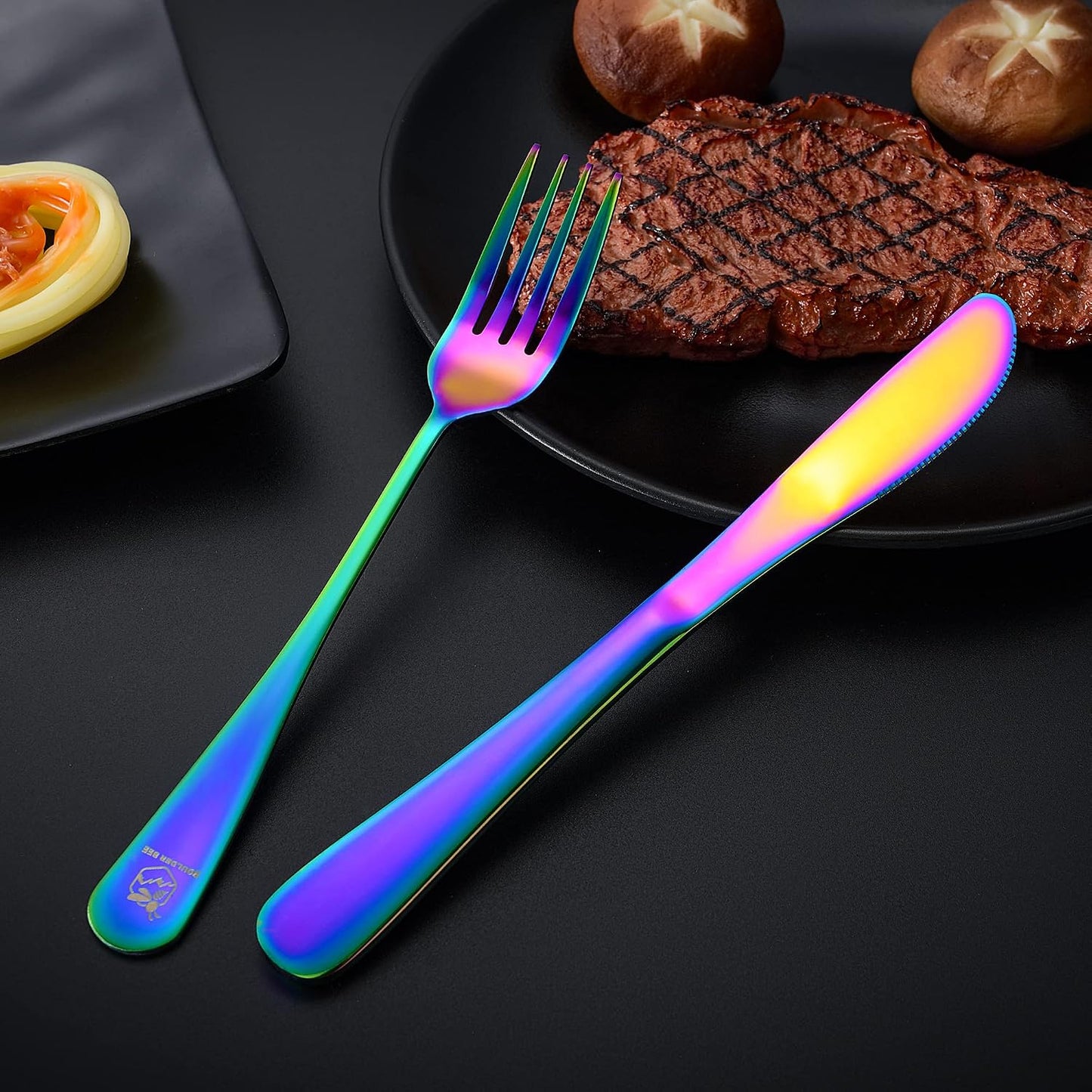 Boulder Bee | Travel Utensils Set | Reusable Camping Cutlery Set | Stainless Steel Flatware Set | Portable Silverware Set with Case | Includes Knife/Fork/Spoon/Straw/Cleaning Cloth/Case (Purple)
