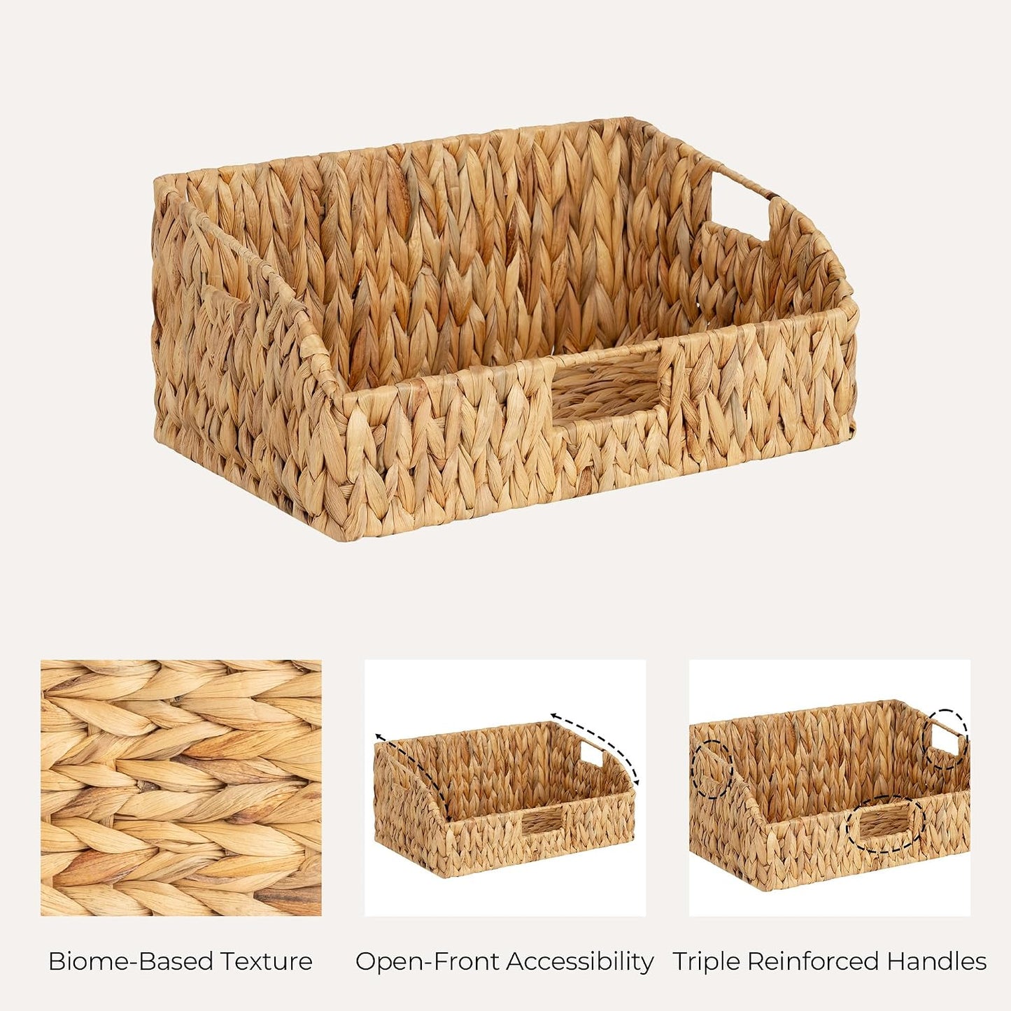 StorageWorks Water Hyacinth Pantry Storage Baskets, Wicker Baskets with Built-in Handles, Handwoven Shelf Baskets for Organizing, Pantry Organizers and Storage, 3 Pack