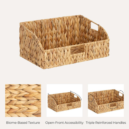 StorageWorks Water Hyacinth Pantry Storage Baskets, Wicker Baskets with Built-in Handles, Handwoven Shelf Baskets for Organizing, Pantry Organizers and Storage, 3 Pack