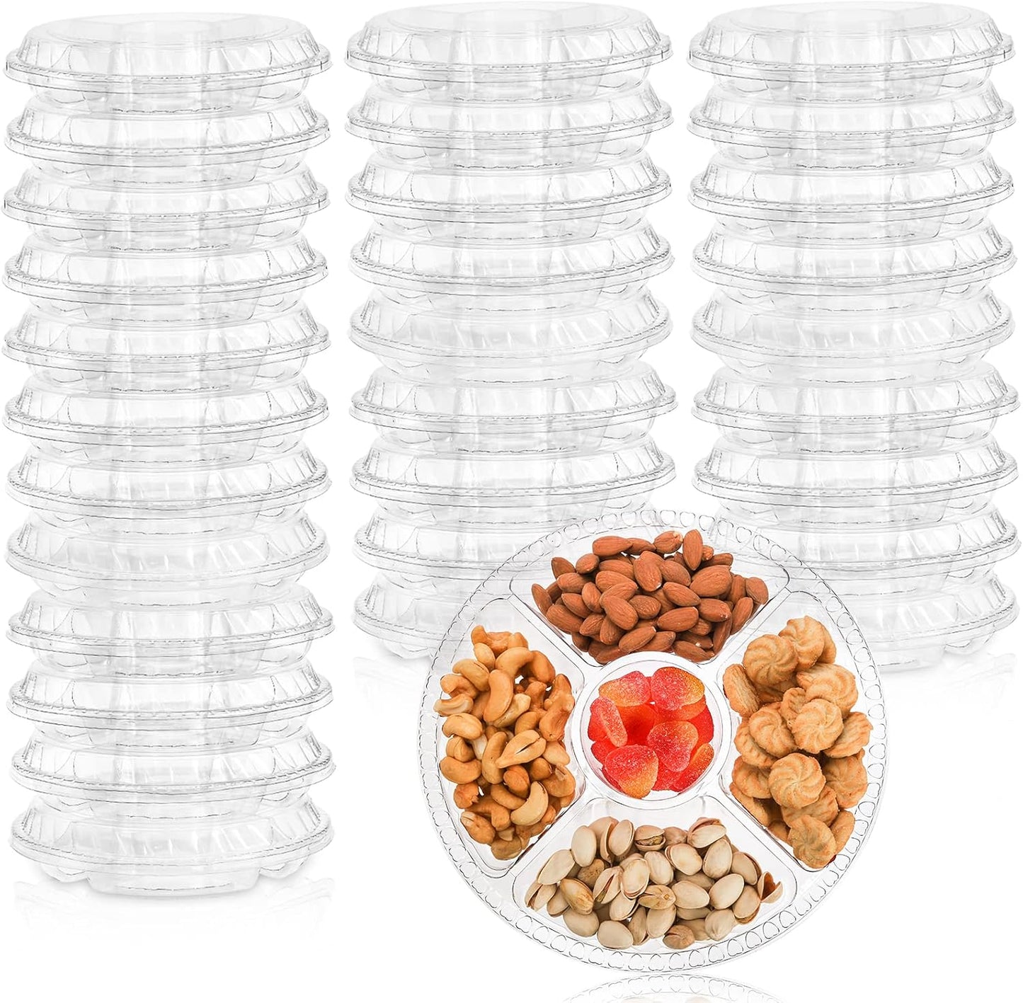 Lyellfe 30 Pack Plastic Appetizer Tray with Lid, Disposable Veggie Fruit Snack Tray with 5 Compartment, 9.5 Inch Heavy Duty Clear Round Food Container Platter for Salad, Nut, Olive, Party