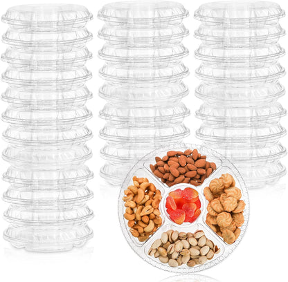 Lyellfe 30 Pack Plastic Appetizer Tray with Lid, Disposable Veggie Fruit Snack Tray with 5 Compartment, 9.5 Inch Heavy Duty Clear Round Food Container Platter for Salad, Nut, Olive, Party