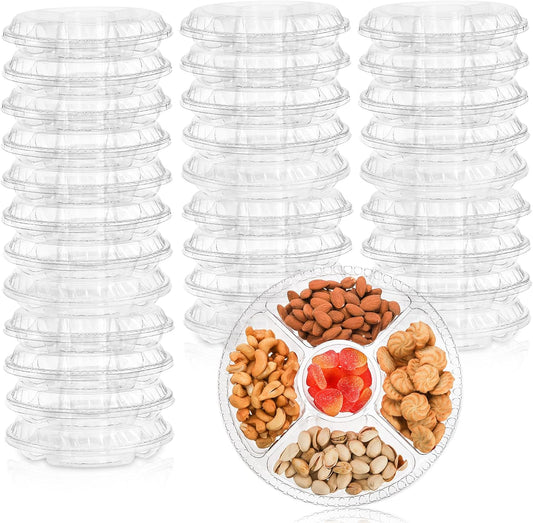 Lyellfe 30 Pack Plastic Appetizer Tray with Lid, Disposable Veggie Fruit Snack Tray with 5 Compartment, 9.5 Inch Heavy Duty Clear Round Food Container Platter for Salad, Nut, Olive, Party