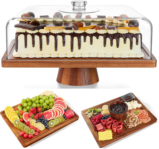 Acacia Wood Cake Stand with Lid,2-in-1 Large Rectangular Cake Stand,16*12"