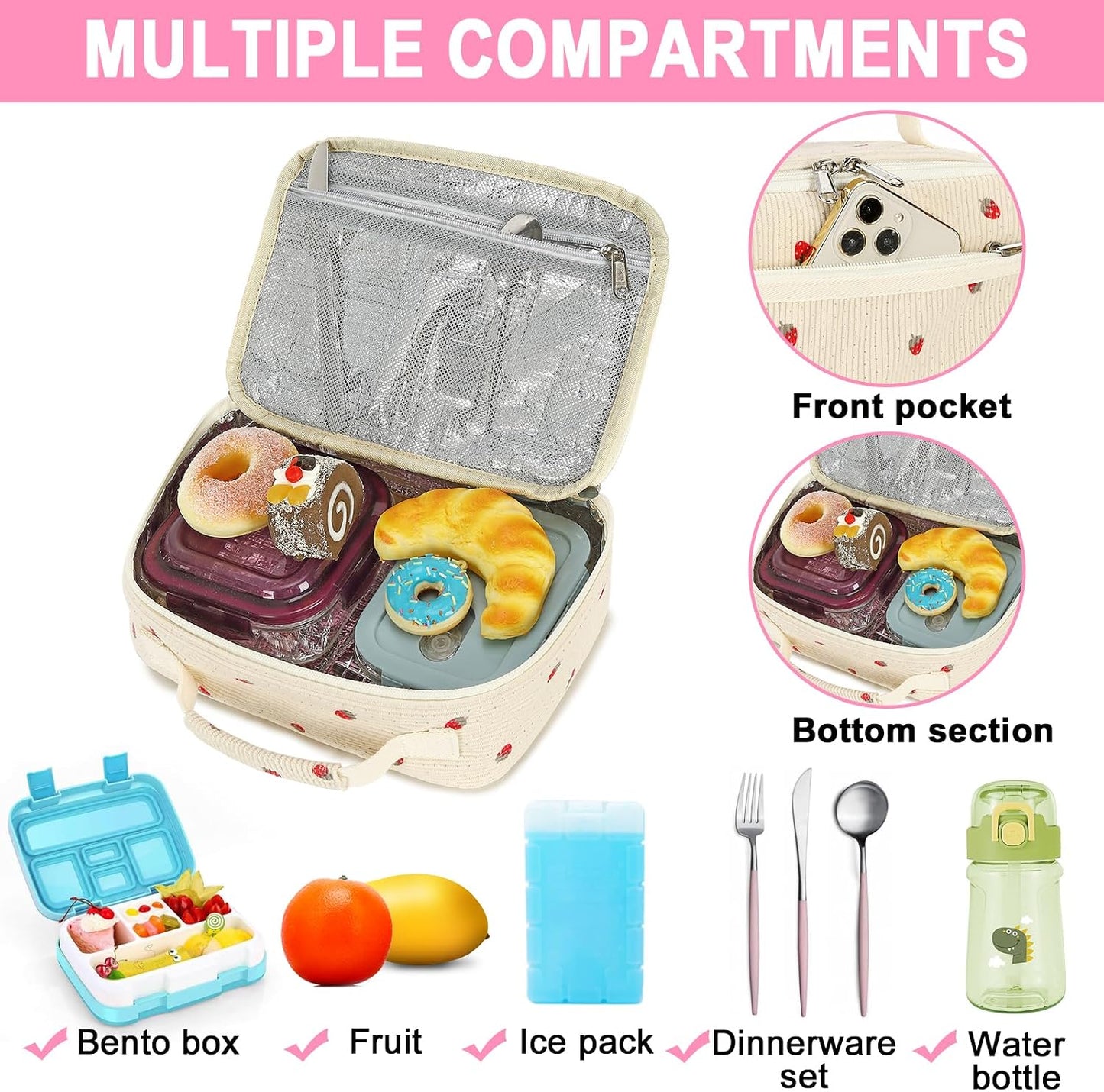 Bluboon Insulated Lunch Bag for Girls & Boys, Corduroy School Lunch Box with Cooler & Organizer Compartments, Leak-Proof Lunch Tote for School, Travel (Corduroy Strawberries Beige)