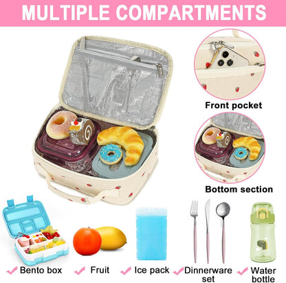 Bluboon Insulated Lunch Bag for Girls & Boys, Corduroy School Lunch Box with Cooler & Organizer Compartments, Leak-Proof Lunch Tote for School, Travel (Corduroy Strawberries Beige)