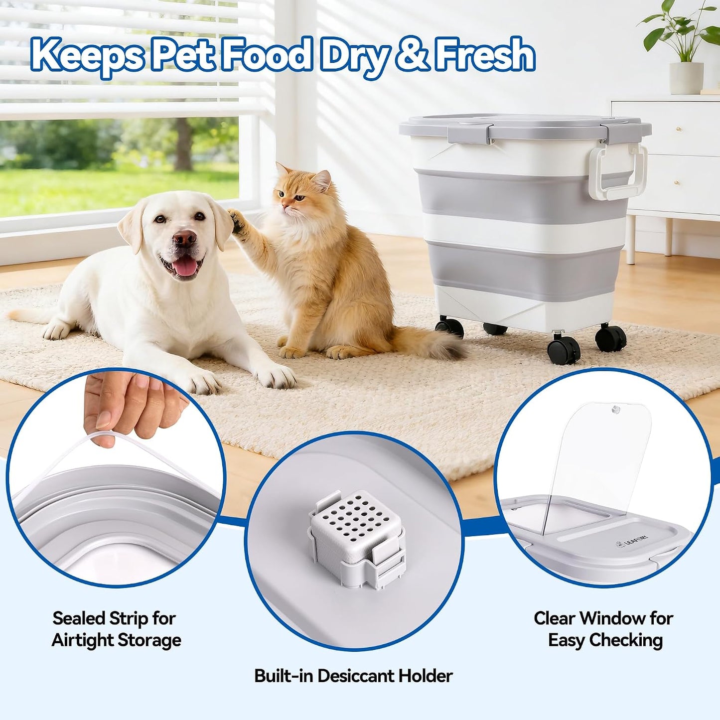 Dog Food Storage Container 20-25lbs, Airtight Pet Food Bin with Locking Lid & Clear Window, Collapsible Rolling Storage Container with Wheels and Scoop, Black