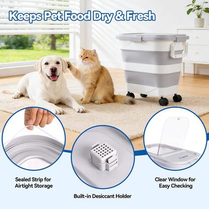 Dog Food Storage Container 20-25lbs, Airtight Pet Food Bin with Locking Lid & Clear Window, Collapsible Rolling Storage Container with Wheels and Scoop, Black