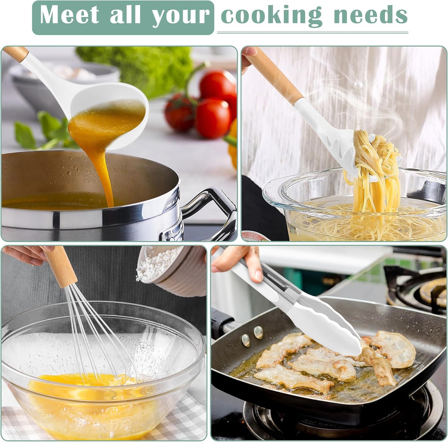 E-far Silicone Cooking Utensils Set, 5-Piece Kitchen Utensils Set with Wooden Handle for Cooking, Silicone Kitchen Nonstick Tools Spatula Turner Slotted Spoons, Nontoxic & Heat Resistant-Khaki