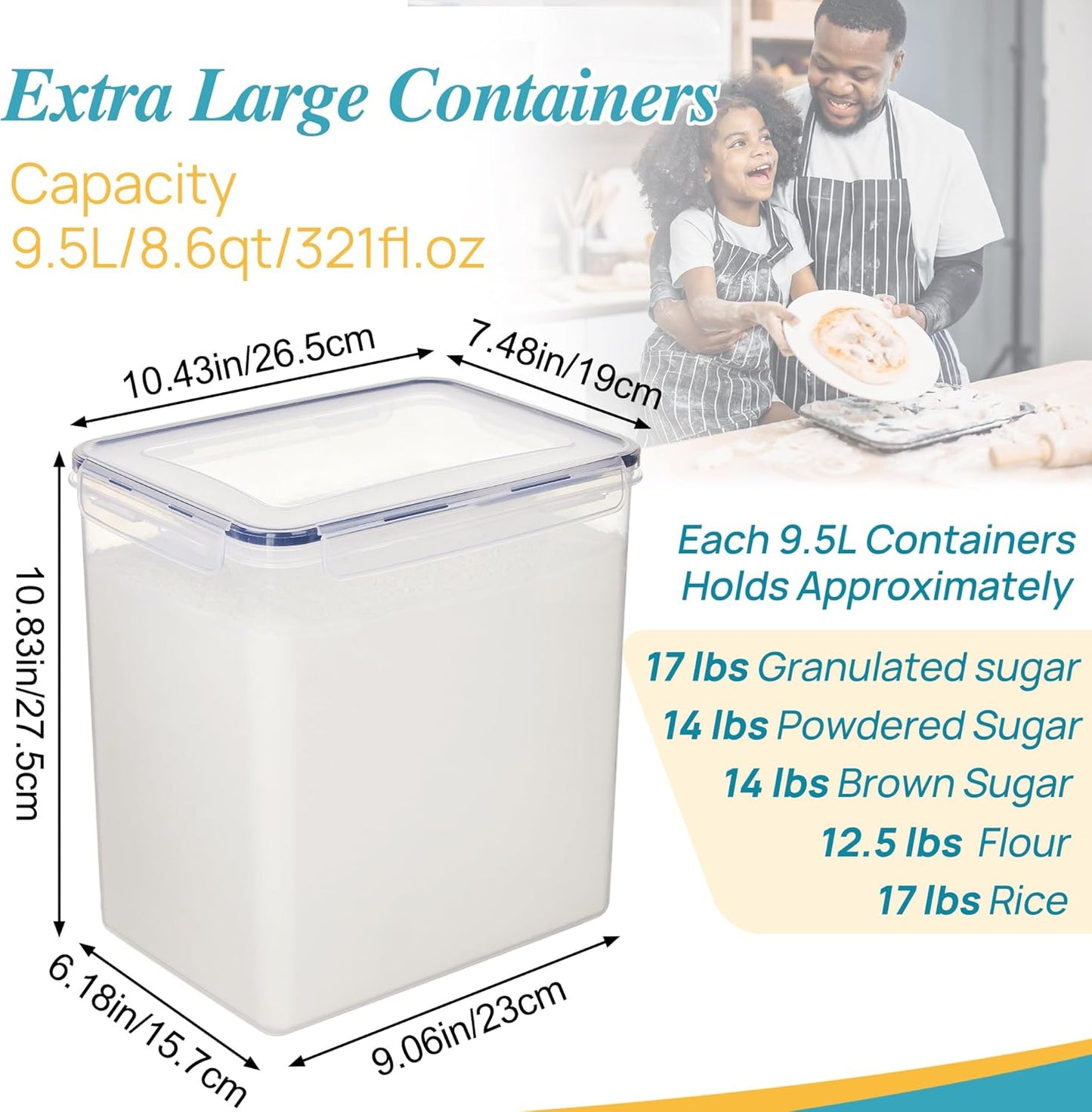Vtopmart 4 PCS Large Food Storage Containers 5.2L / 175oz, 4 Pieces BPA Free Plastic Airtight Canisters for Flour, Sugar, Baking Supplies, Rice with Lids, 4 Measuring Cups and 24 Labels, Black