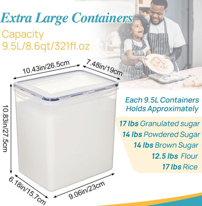 Vtopmart 4 PCS Large Food Storage Containers 5.2L / 175oz, 4 Pieces BPA Free Plastic Airtight Canisters for Flour, Sugar, Baking Supplies, Rice with Lids, 4 Measuring Cups and 24 Labels, Black