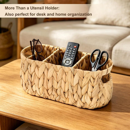 Water Hyacinth Utensil Caddy with Handle, 4 Compartments Woven Cutlery Organizer, Portable Flatware Holder for Outdoor Picnic, BBQ, Camping, Kitchen Counter & Party Table