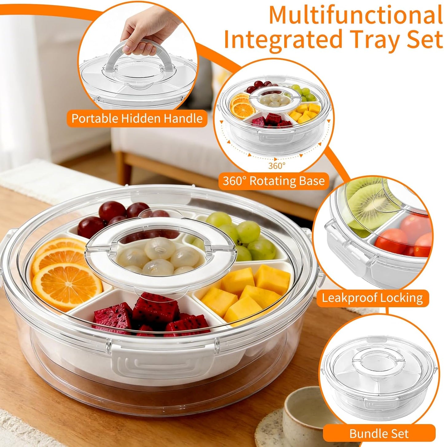 2 Pack Divided Rotating Serving Tray with Lid and Handle, Portable Snack Box Container for Fruits Candy Organizer, Stackable Spinning Rounded Veggie Tray for Kitchen and Picnic, 2 Sizes