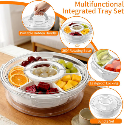 2 Pack Divided Rotating Serving Tray with Lid and Handle, Portable Snack Box Container for Fruits Candy Organizer, Stackable Spinning Rounded Veggie Tray for Kitchen and Picnic, 2 Sizes