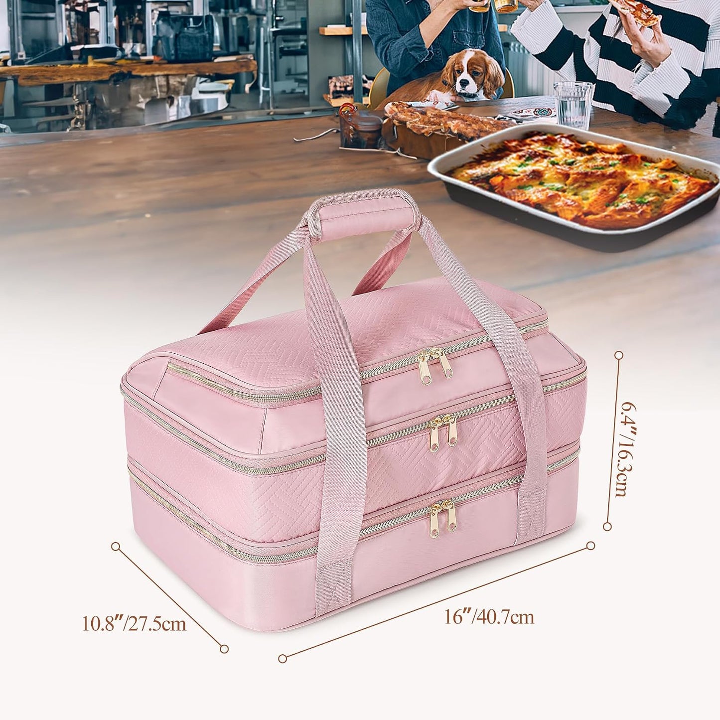 Insulated Casserole Carrier for Hot or Cold Food, Thermal Lasagna Lugger Tote to Keep Food Warm, Double Decker Food Warmer Bag Fits 9”x13” Baking Dish, Pink