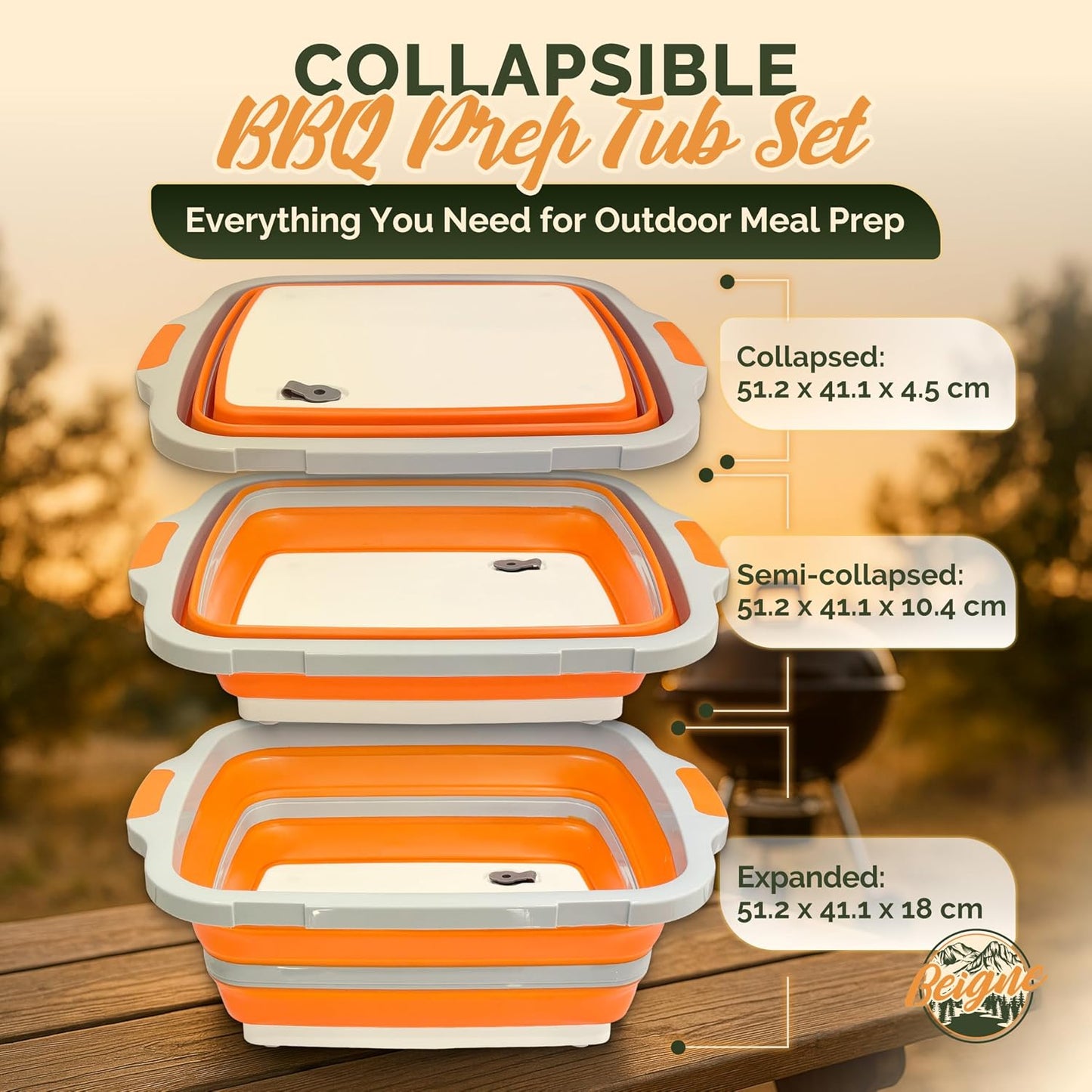 XL BBQ Prep Tub with Lid, XL Collapsible Marinating Container & Cutting Board - Foldable Food Basin for Meat - Grill Prep Station for Outdoor Cooking, Camping, BBQ, Food Storage Tray - 16L