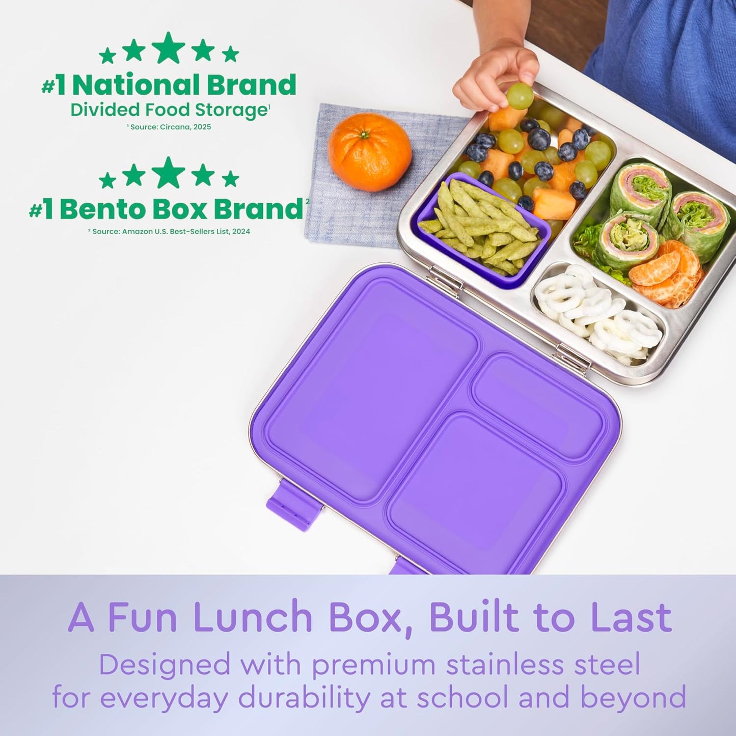 Bentgo Kids Stainless Steel Leak-Resistant Lunch Box - 3-Compartments with Bonus Silicone Container, Durable, Eco-Friendly, Dishwasher Safe, BPA-Free, Ideal for School, Ages 3+ (Silver)