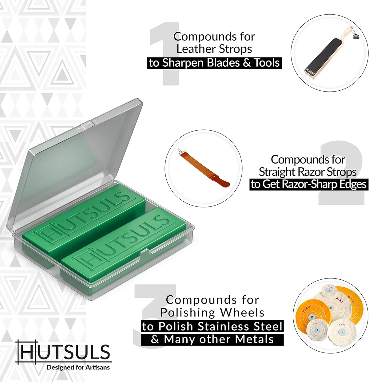 Hutsuls Knife Stropping Compound With Case - (2-Pack, 5 Oz Total) for Razor-Sharp Edges, Green Buffing Bars Easy to Use With Leather Strop Guide