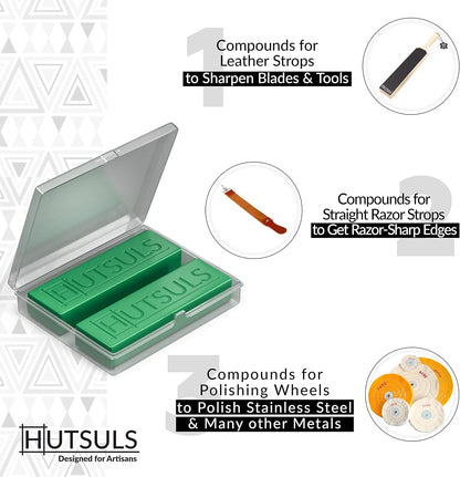 Hutsuls Knife Stropping Compound With Case - (2-Pack, 5 Oz Total) for Razor-Sharp Edges, Green Buffing Bars Easy to Use With Leather Strop Guide
