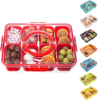 Dingerjar Divided Serving Tray with Lid and Handle - Snackle Box Charcuterie Container for Portable Snack Platters - Clear Organizer for Candy, Fruits, Nuts, Snacks - Perfect for Party, Entertaining