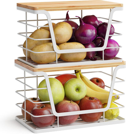 ALOCEO 2 Pack Stackable Wire Storage Basket with Bamboo Lid, Trash Bag Dispenser Under Sink for 4-13 Gal Bags, Kitchen Storage Bins for Potato and Onion, Brown