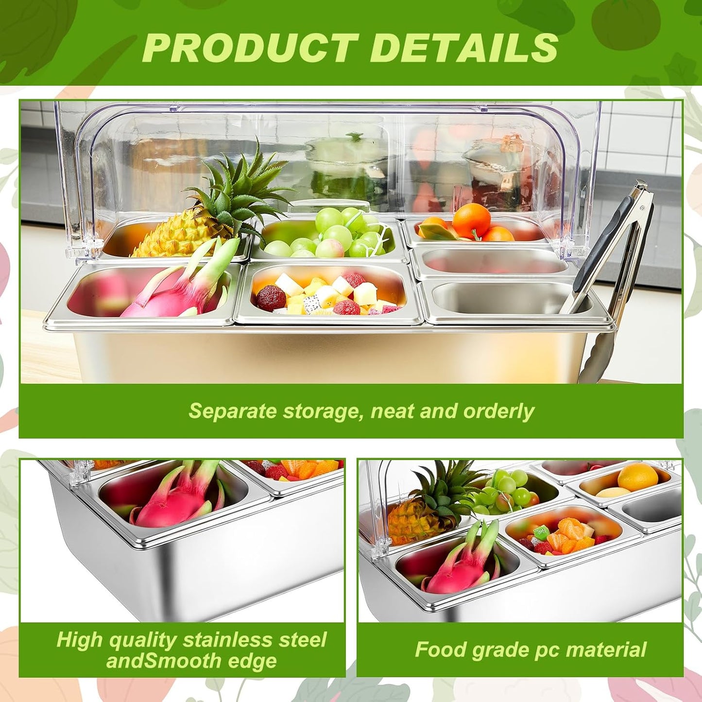 Condiment Tray Stainless Steel Serving Display Set with Lid for Buffet Restaurant Kitchen, Food Chilled Container for Salad Fruit Condiments, Keeps Food Fresh with Ice Box(6 Compartments)