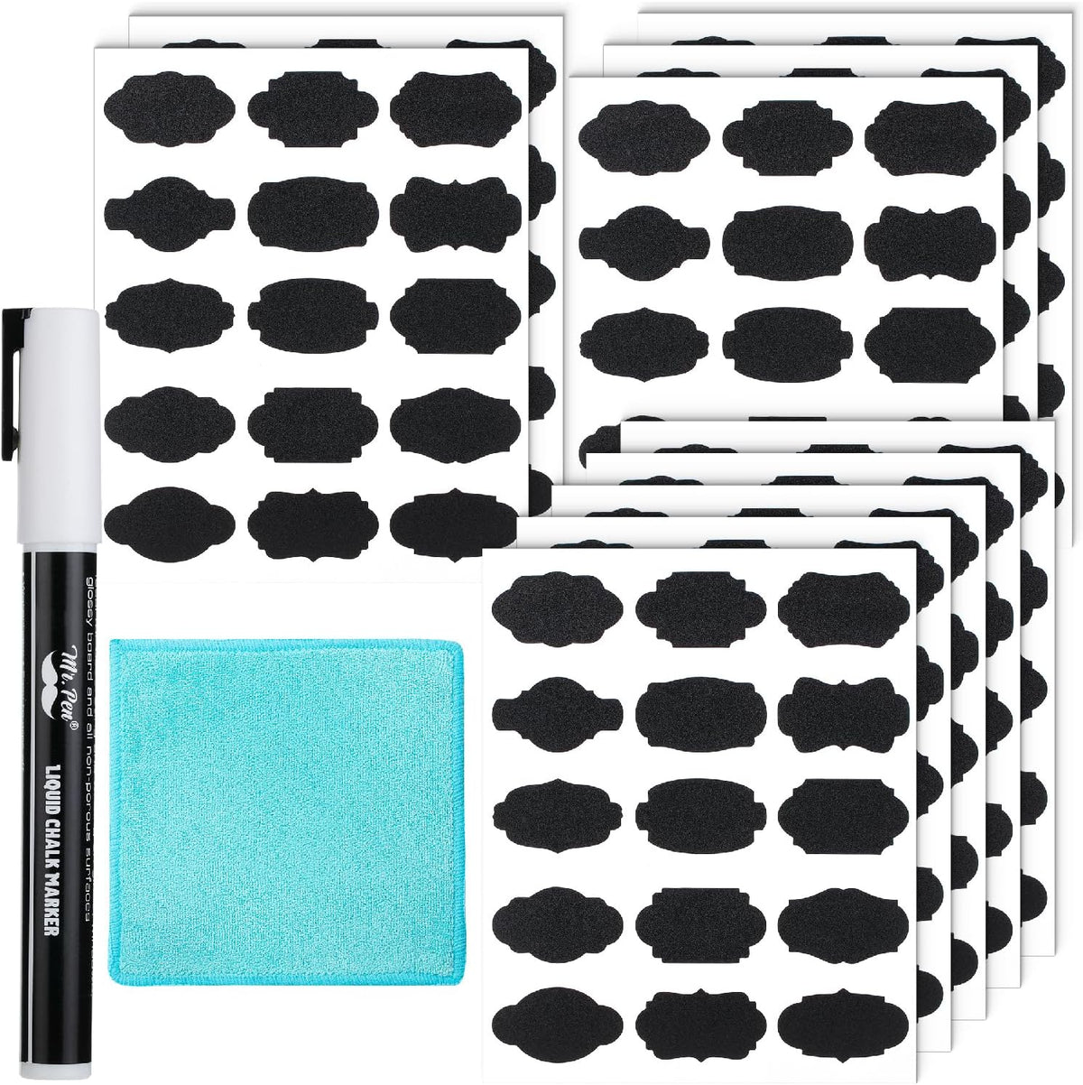 Mr. Pen- Chalkboard Labels, 100 pcs, Assorted Shapes | Waterproof Reusable Blackboard Stickers with 1 Erasable Liquid Chalk Marker for Mason Jars