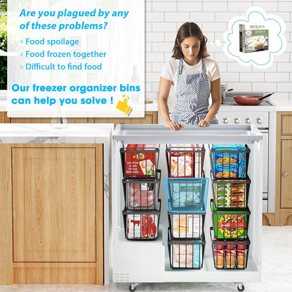 SUNALLY Freezer Organizer Bins, 8 Pack Chest Freezer Organizer Stackable for 5-7 Cu.FT Deep Freezer Sort Frozen Meats and Food, Freezer Storage Baskets with Handles Easy Reach from Bottom, White