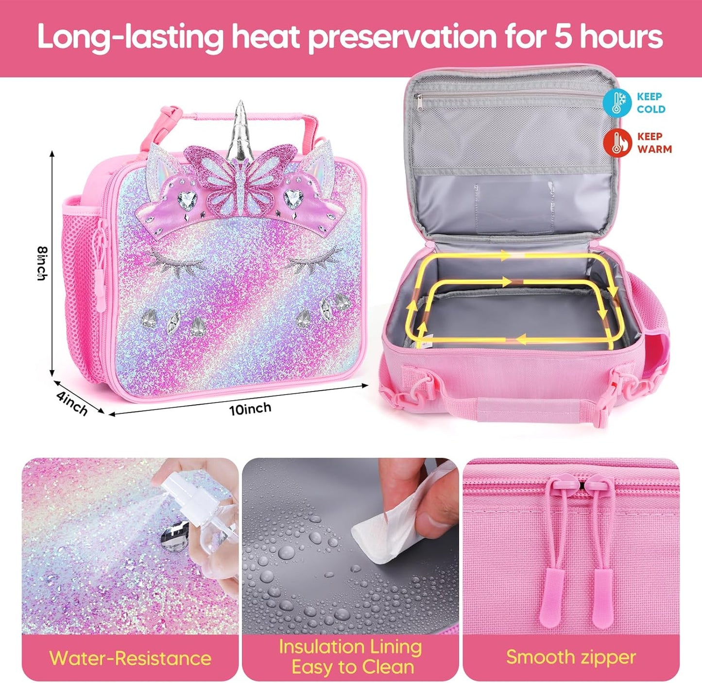 JYPS Lunch Box for Girls-Insulated Lunch Bag,Kids Bento Box with 6 Compartment,Water Bottle,Ice Pack,Salad Container,Perfect Lunch Container for Kids and Toddlers Back to School Age 7-15(Purple M)