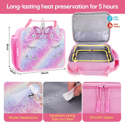 JYPS Lunch Box for Girls-Insulated Lunch Bag,Kids Bento Box with 6 Compartment,Water Bottle,Ice Pack,Salad Container,Perfect Lunch Container for Kids and Toddlers Back to School Age 7-15(Purple M)
