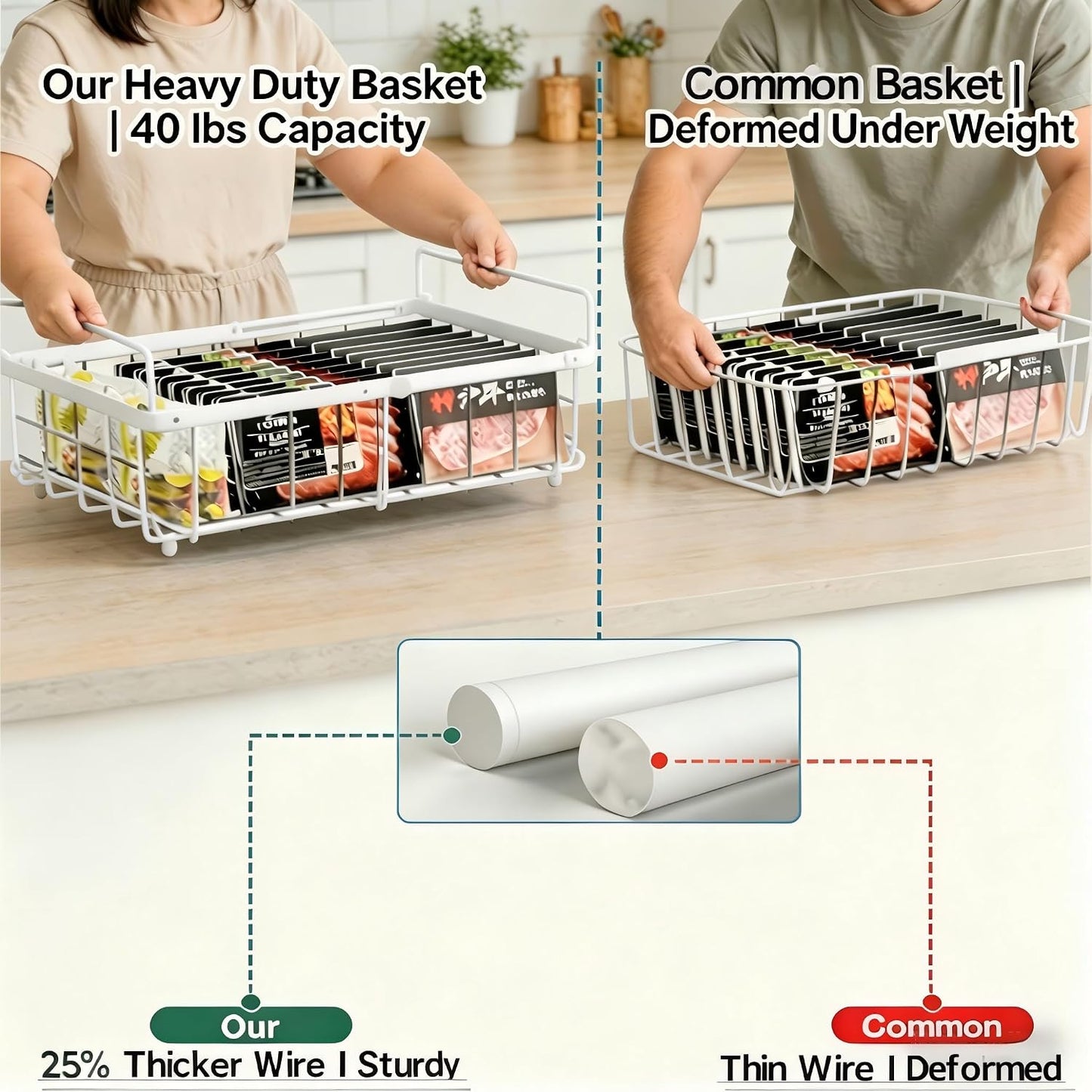 Freezer Organizer Bins 6 Pack: Wire Basket Stackable Storage Containers Expandable 11.81" to 17.72" with Foldable Handles for 5+ Cu.FT Fridge Cabinet Shelves Pantry Kitchen White