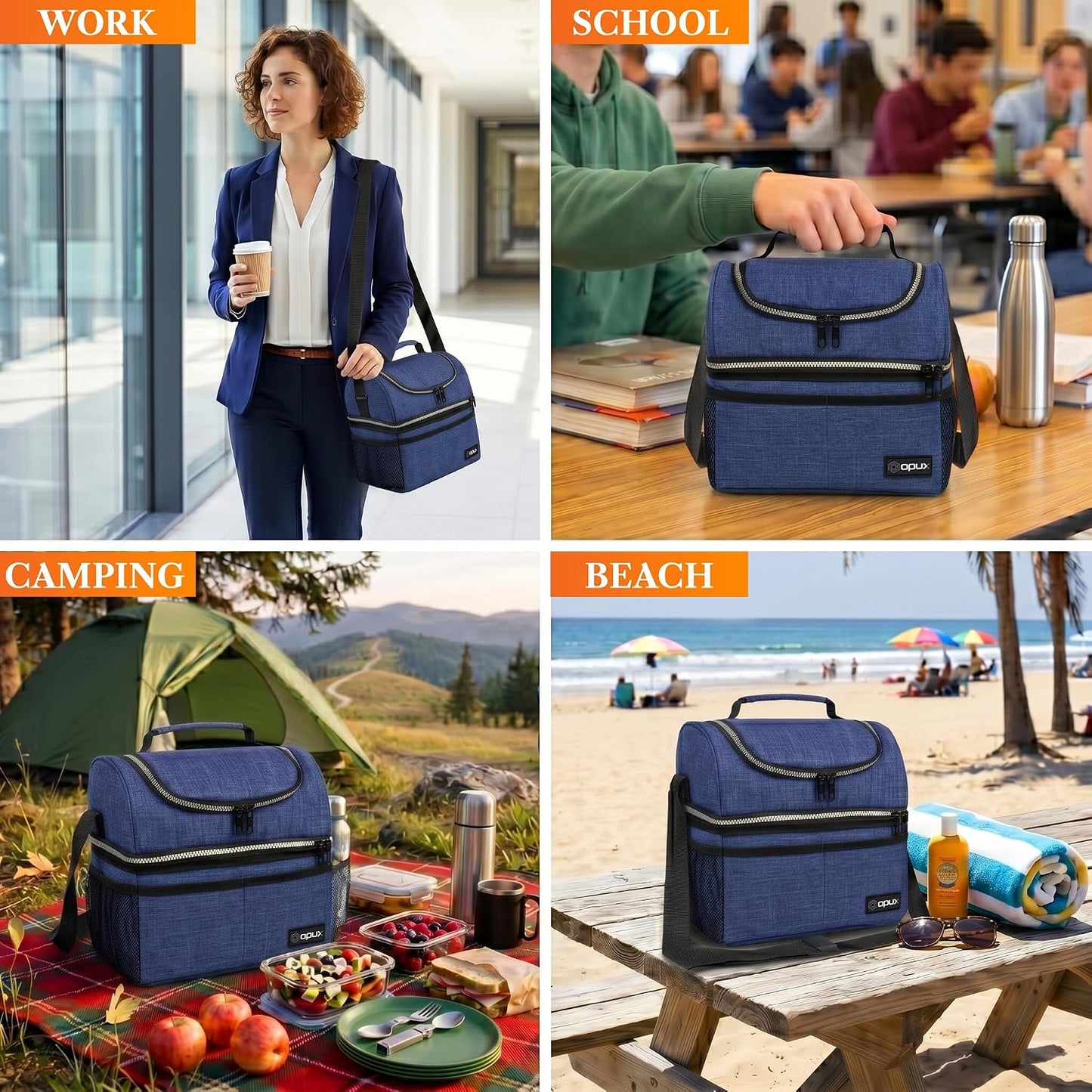 opux Insulated Lunch Bag for Men Women, Double Decker Leakproof Lunch Box Cooler Tote with Shoulder Strap, Large Lunchbox for Work School Travel Meal Prep, Adults Kids Boys Girls, Green, 16 Cans