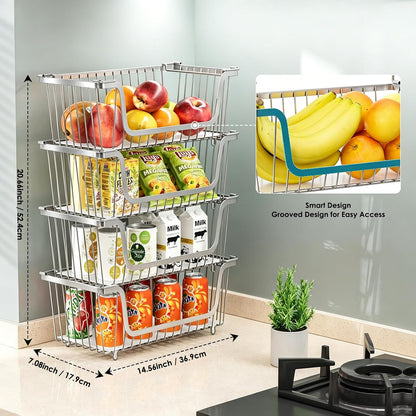 GAOKASE 4 Pcs Stackable Wire Baskets for Pantry Organizers and Storage,Vegetable Fruit Basket for Countertop,Kitchen Storage Metal Baskets,Produce Potato Onion Storage Bin-Black