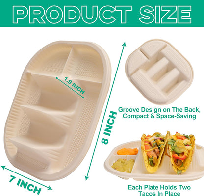 50-Pack Disposable Taco Plates for 2 Tacos & 2 Sides - For Most 4-6 IN Small Hard Shells - Biodegradable Cornstarch Holder Plates - Microwave Safe - Ideal for Fiesta, Bar, Party