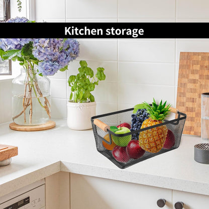 2Pack Metal Mesh Steel Basket with Bamboo Handle - Wire Metal Basket for Kitchen Organization, 12" Wide Food Organizer Bin, Perfect for Organizing Bulk Pantry (WHITE)