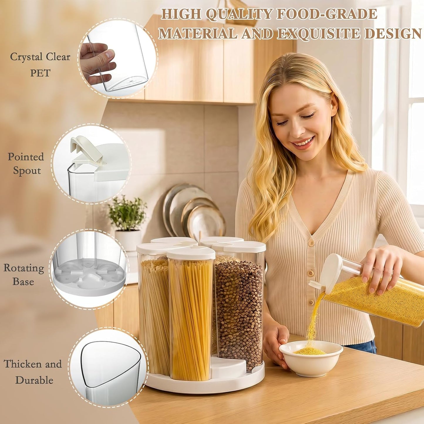 6 Grids 360° Rotating Cereal Dispenser Countertop - 7 lbs Rice Dispenser for Pantry Kitchen - Small Food Storage Containers Set with Lids - Grain Cereal Storage Container for Oats, Flour, Bean