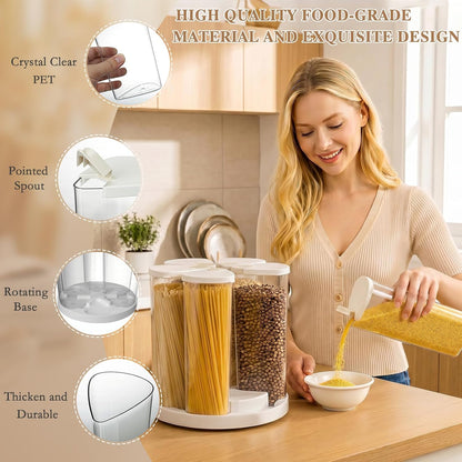 6 Grids 360° Rotating Cereal Dispenser Countertop - 7 lbs Rice Dispenser for Pantry Kitchen - Small Food Storage Containers Set with Lids - Grain Cereal Storage Container for Oats, Flour, Bean