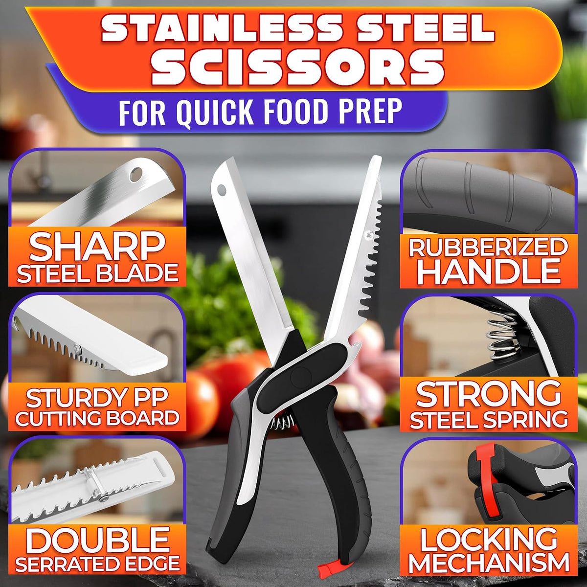 2 in 1 Kitchen Scissors for Food with Knife Sharpener (Grey)