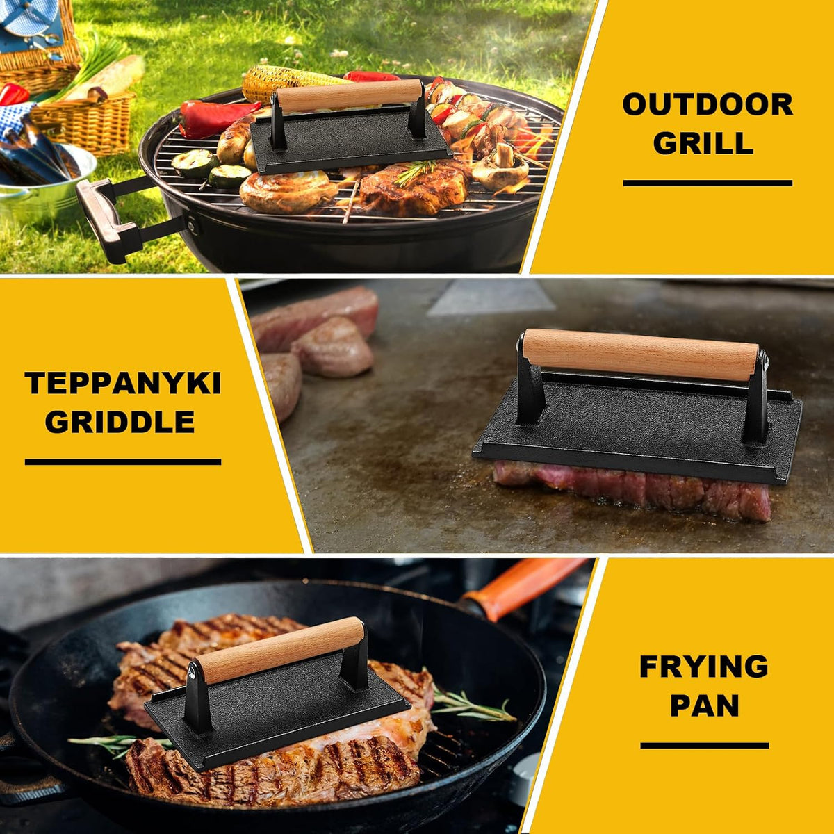 AIVIKI Burger Press, Smash Burger Press for Blackstone Griddle, Heavy Duty Cast Iron Round 6.9In & Rectangular 8.2x4.2In Bacon Grill Press with Wood Handle, Meat Steak Weight for Sandwich, Paninis