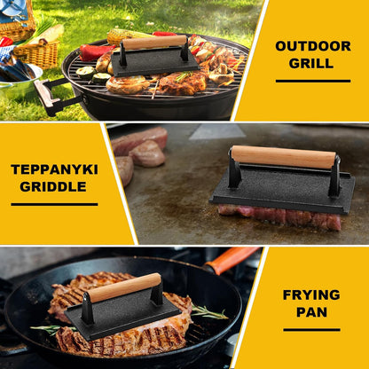 AIVIKI Burger Press, Smash Burger Press for Blackstone Griddle, Heavy Duty Cast Iron Round 6.9In & Rectangular 8.2x4.2In Bacon Grill Press with Wood Handle, Meat Steak Weight for Sandwich, Paninis