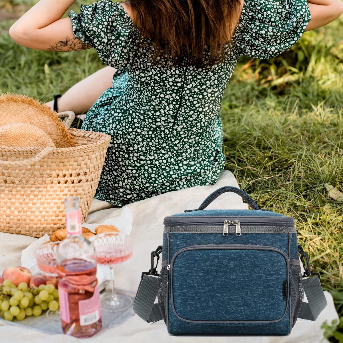 FlowFly Insulated Reusable Lunch Bag Adult Large Lunch Box for Women and Men with Adjustable Shoulder Strap,Front Zipper Pocket and Dual Large Mesh Side Pockets,Cherry - Colors A