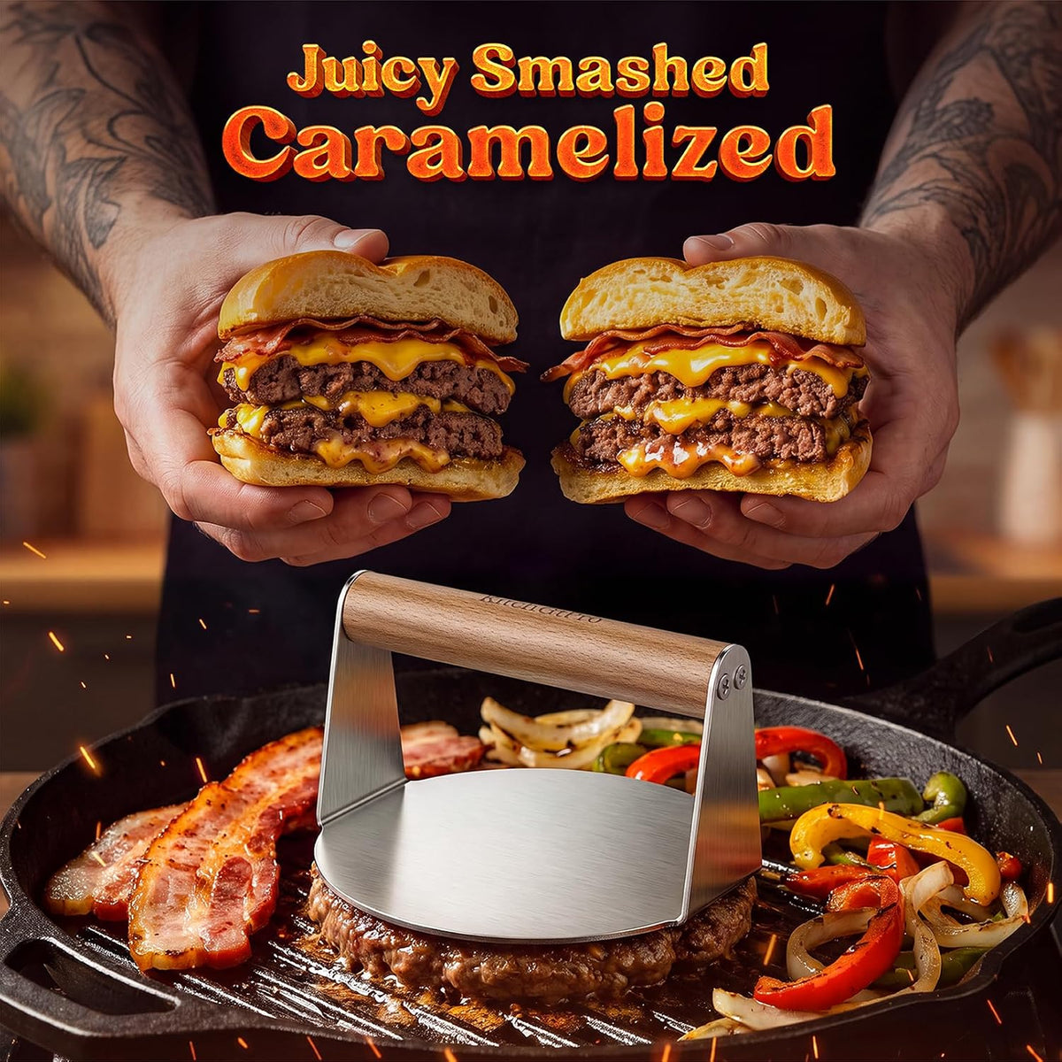 Smash Burger Press Stainless Steel, Grill Patty Bacon Press