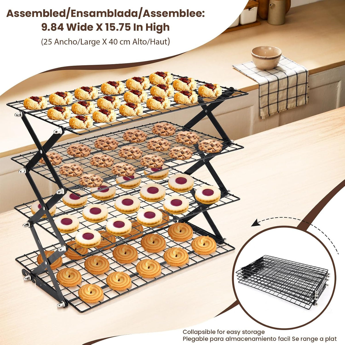 2/3/4-Tier Collapsible Cooling Rack for Baking,Folding Cooling Grid,Adjustable Stackable Roasting Cooking Drying Wire Cooling Rack for Cookies Baking