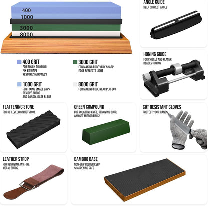 Whetstone Knife Sharpening Stone Set, Double-Sided Grit 400/1000 3000/8000