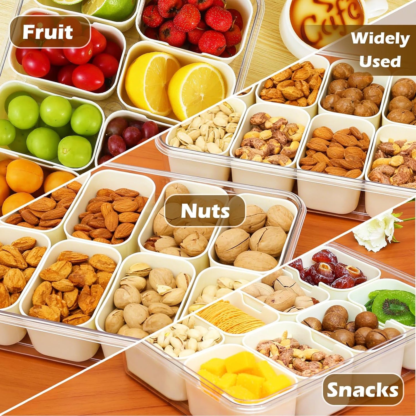Snackle Box Container with Lid and Handle,8 Compartment Divided Serving Tray-Portable Clear Organizer for Nuts, Fruits, Candy & Veggies-Perfect for Road Trip, Party, Picnic, Camping- 2Pack