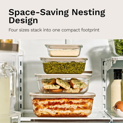 Naked Kitchen 8-Piece Food Storage Containers with Lids – Nesting Borosilicate Glass Meal Prep Containers with Leak-Proof Airtight Seal – BPA Free, Microwave, Oven, Freezer & Dishwasher Safe – Green